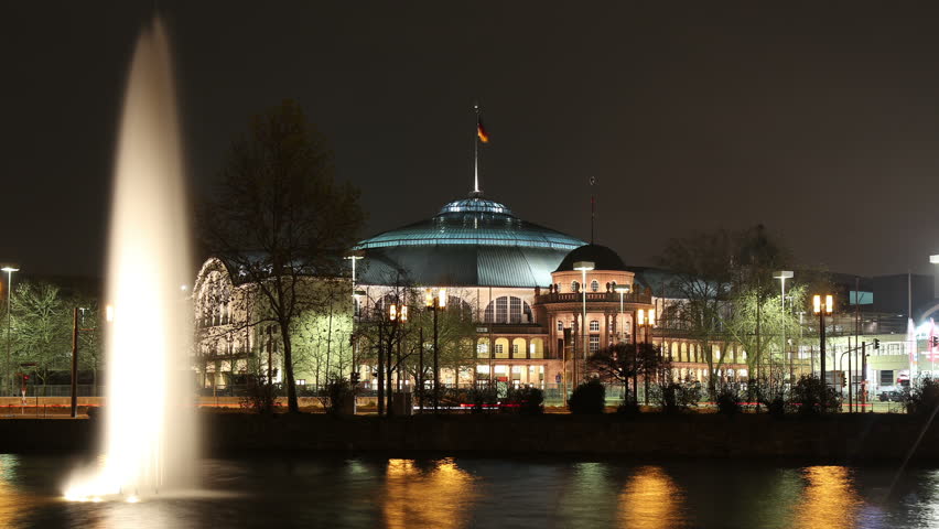 Time lapse from concert hall in Frankfurt Germany at night with fountain and