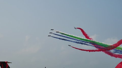 LANGKAWI, MALAYSIA - MARCH 18: UAE Aerobatic Team, Al Fursan display the show with Aermacchi MB-339 aircraft in LIMA 2015 at Langkawi Malaysia on 18 March, 2015