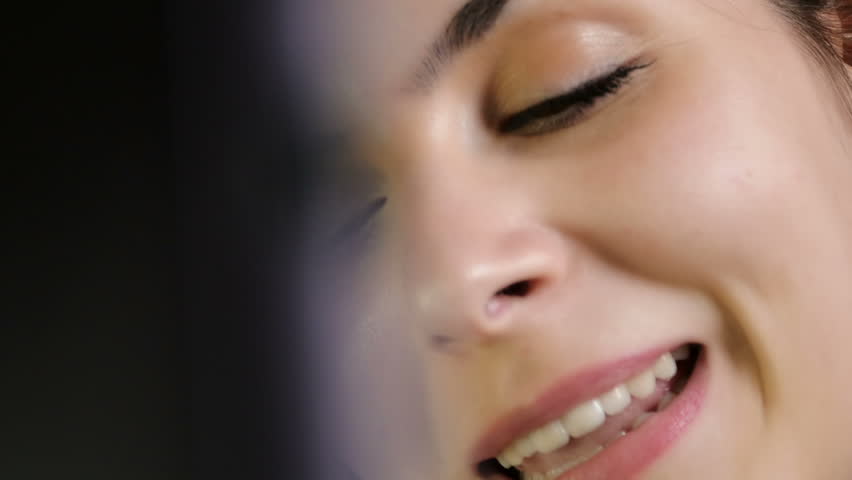 closeup portrait of young woman talking in chat