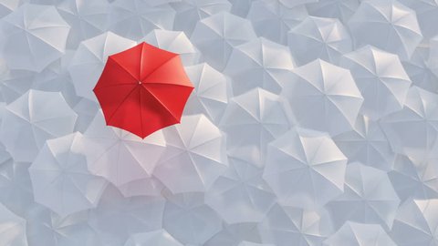 Red umbrella open and standing out from crowd mass white umbrellas, design background text concept, above point, with color mask