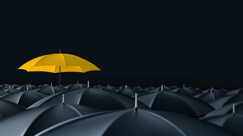 Yellow umbrella open and standing out from crowd mass black umbrellas, design background text concept