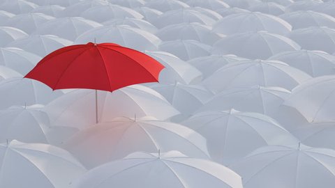 Red umbrella open and standing out from crowd mass white umbrellas, design background text concept, high point, with color mask