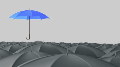 Blue umbrella open and standing out from crowd mass grey umbrellas, design background text concept, up point, with color mask