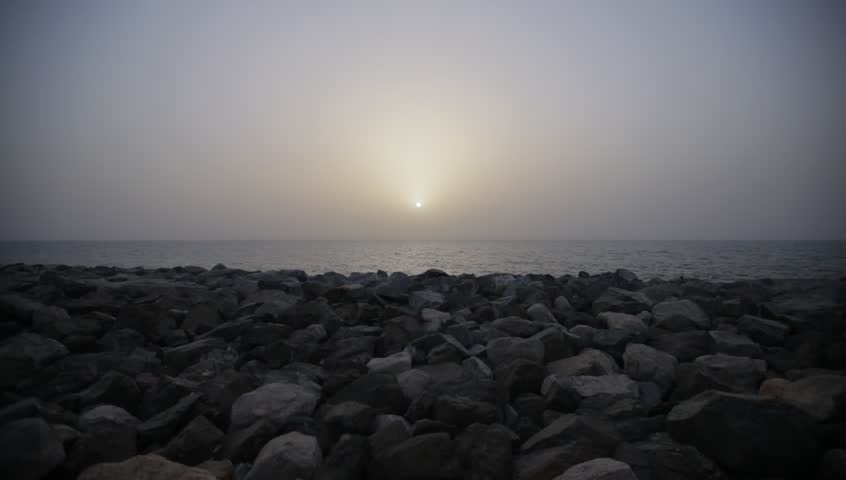 United Arab Emirates, Dubai, Burj Al Arab, Atlantis, jumeirah beach, hotel, pond, lake, sunset, stones, sun, sky, horizon