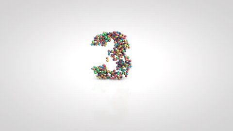 Number 3 with moving a swarm of glossy colorful 3d balls on a white background