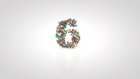 Number 6 with moving a swarm of glossy colorful 3d balls on a white background