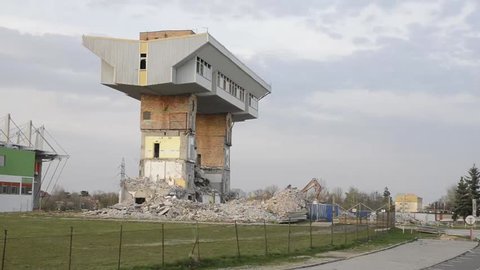 Lubin, Poland - April 16, 2015: Blowing up the old building of football club Zaglebie Lubin.