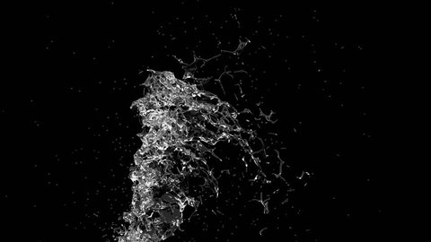 Slow motion big water splash fountain on white background with alpha matte