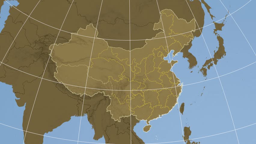Xizang autonomous region extruded on the elevation map of China with administrative borders. Elevation data on solid colors used. Elements of this image furnished by NASA.
