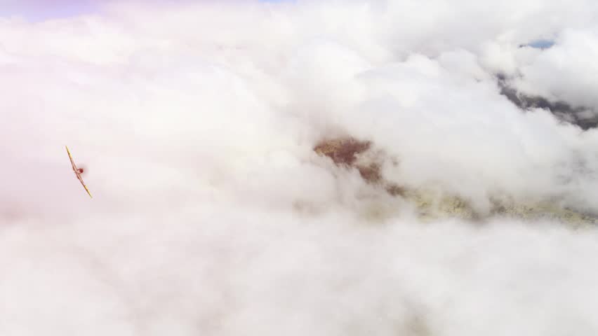 Supermarine Spitfire 3D model in flight above clouds with slow motion effect
