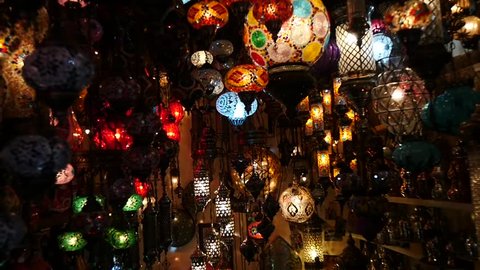 ISTANBUL - APRIL 06, 2015: Slow Motion scene in HD of colorful lamps in a souvernir shop at the Grand Bazaar April 06, 2015 in Istanbul, Turkey.
