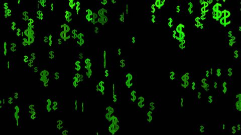 Animated falling and spinning shining 3d green dollar signs against transparent background 3 (Alpha channel embedded with HD PNG file)