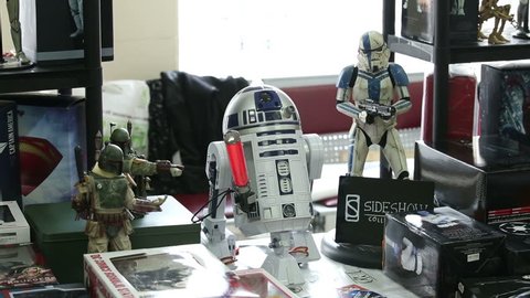 MOSCOW, RUSSIA - MARCH 28, 2015: Toys and symbolism of the film Star Wars on store shelves. Festival Star Fans.