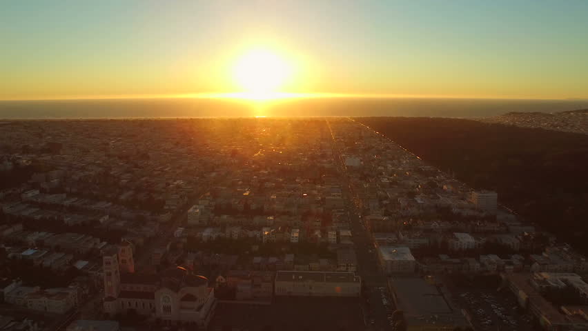 San Francisco Aerial v53 Flying sideways over Sunset District with ocean sunset view.