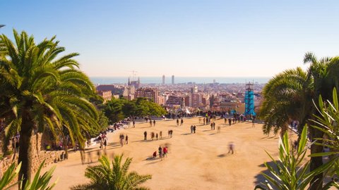 barcelona sun light panorama view from park guell 4k time lapse spain