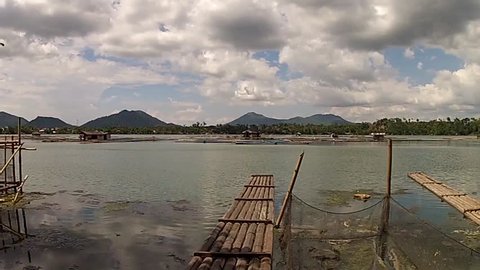 SAN PABLO CITY, LAGUNA, PHILIPPINES - APRIL 18, 2015: Bamboo Raft beside bamboo poles at lake shore tracking shot
