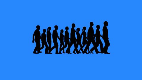 People walking silhouettes isolated on blue background. Team work concept. High definition 1920x1080