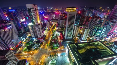 night high light shenzhen city center roof top panorama 4k time lapse china