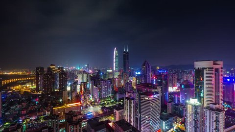 night high light shenzhen city roof top panorama 4k time lapse china