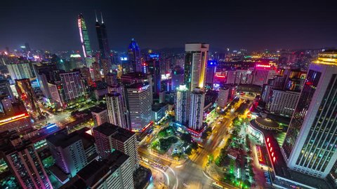 high light night shenzhen traffic streets panoramic bird view 4k time lapse china