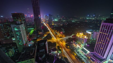 SHENZHEN, CHINA - DECEMBER 2014: night light roof top shenzhen city traffic view 4k time lapse china