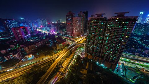 night light shenzhen city traffic crossroad roof panorama 4k time lapse china