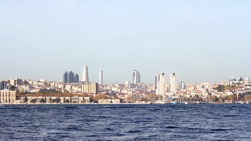 Bulk carrier ship moving along Bosporus sea 