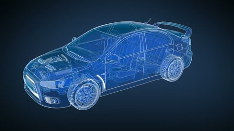 Car and Chassis X-ray/ Blueprint. 360 loopable animation HD.