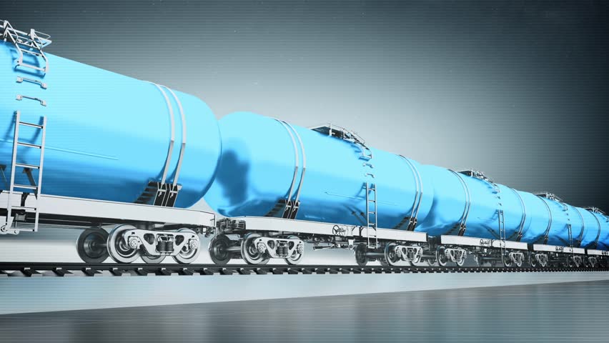 Monochrome freight train with petroleum tank cars. Front view. Looping animation background.