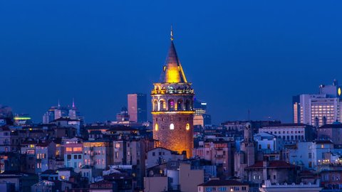 ISTANBUL - APRIL 02: Day to Night Time Lapse of the famous Galata Tower in Beyoglu part of Istanbul. Time-Lapse. April 02, 2015 in Istanbul, Turkey. 