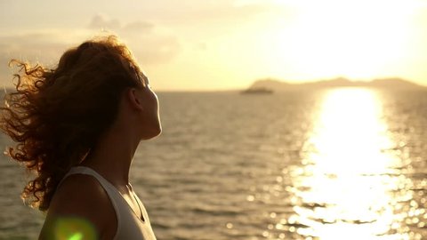 Young Woman Traveling by Boat at Sunset in Thailand. Slow Motion. HD, 1920x1080. 