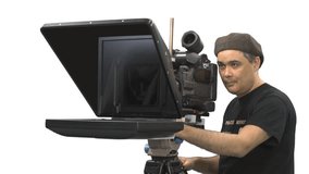 Cameraman with a teleprompter, Full HD Close-up shot with alpha channel, You can put your text (title, data etc.) on teleprompter screen