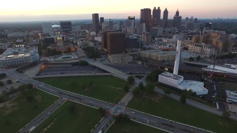 Downtown Atlanta Georgia at Sundown -  Aerial View and Establishing Shot