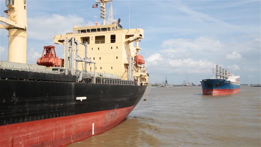Oil supertanker cargo ships anchored in Mississipi river, Louisiana, USA