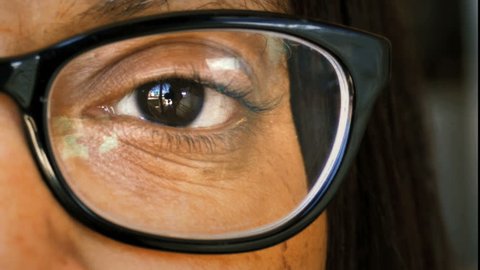 African American black woman eye with glasses extreme close up 