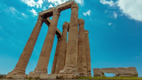 4K Athens Greece Temple of Zeus Ancient Olympeion timelapse.Pillars In the temple of Olympian Zeus in downtown Athens Greece.
Beautiful blue sky and clouds passing over.