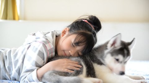 Little asian girl kissing a siberian husky puppy on bed