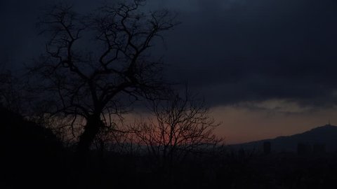 ULTRA HD 4K Morning sunrise or nightfall over tree empty branch, darkness and mountain hill 