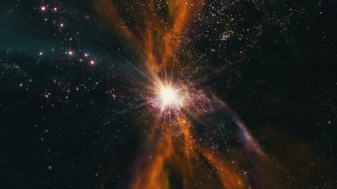 Flying through star fields and galaxies in deep space as a supernova bursts light (Loop).