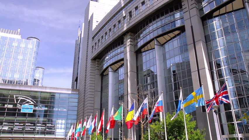 European countries flags waving In the wind In front of European Parliament (Brussels, Belgium).
