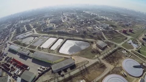 Panorama with cityscape and Kuryanovskaya Water Treatment Station at spring sunny day. Aerial view