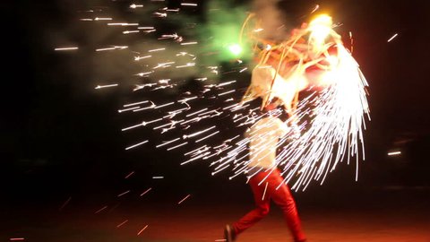 Oaxaca, Mex. 2015:FULL SHOT-HANDHELD SHOT. A man carry a bull figure full with fireworks burning during village feast. Numerous tourist regions of Mexico preserve varied and colorful traditions.