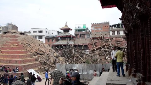 KATHMANDU, NEPAL - APRIL 26, 2015: Durbar Square, a UNESCO World Heritage Site, is severely damaged after the major earthquake on 25 April 2015.