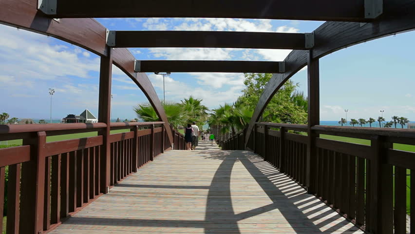 Bridge, walkway, sky, clouds and palm trees. 
This is a beautiful sunny summer shot which shows interesting walkway bridge, blue sky, palm tree tops and white clouds flying high above. 