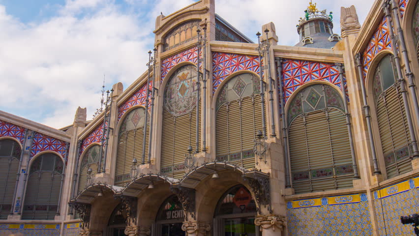 central market building in valencia city 4k time lapse spain