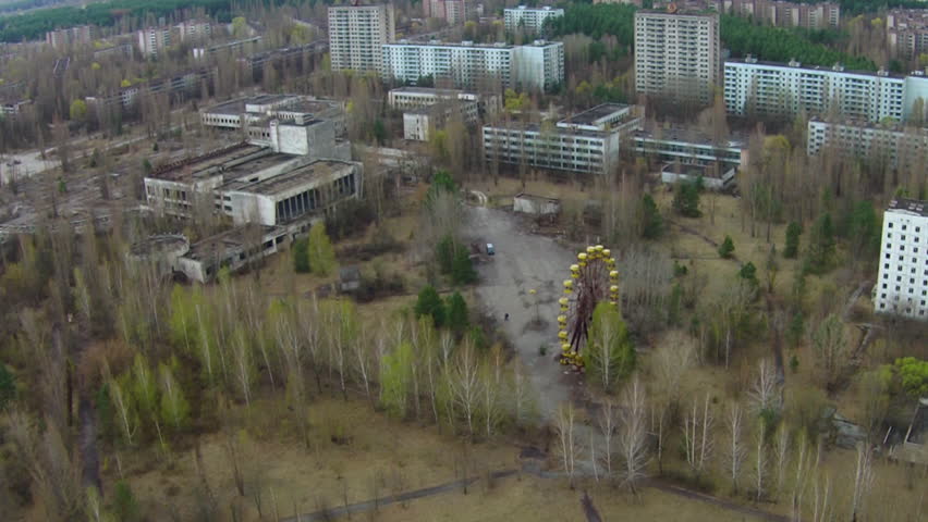 Drone footage. Pripyat, Ukraine. Located within the Chernobyl disaster zone. Now it's a ghost town. Royalty-Free Stock Footage #9839525