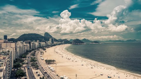 Copacabana Beach high angle street Time Lapse in Rio de Janeiro, Brazil. Clouds rolling dynamic with vintage colors.