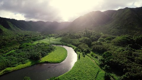 Amazing Lighting Aerial Flight Over Hawaii Rainforest Tropical River Valley