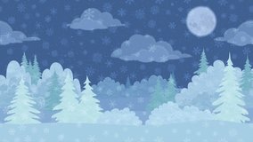 Fullhd 1920x1080 Progressive Seamlessly Looping Video of Fast Passing by Christmas Night Winter Forest with Snow, as if Looking out the Car Window. Nature Animated Background