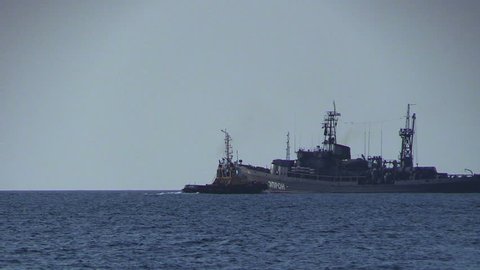 SEVASTOPOL, RUSSIA. 15 SEPTEMBER 2014: Rescue ship EPRON of Russian Navy is preparing to lift the sunken ship.